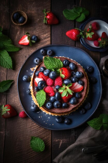 부엌 일광에서 최고의 음식 설정에서 맛있는 구운 장식 딸기 케이크 보기