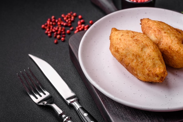 Delicious baked potato cutlet stuffed with chicken and vegetables spices and salt