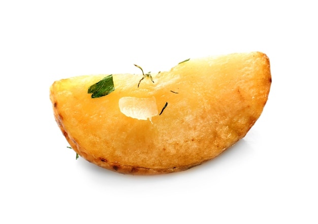 Delicious baked potato wedge on white background