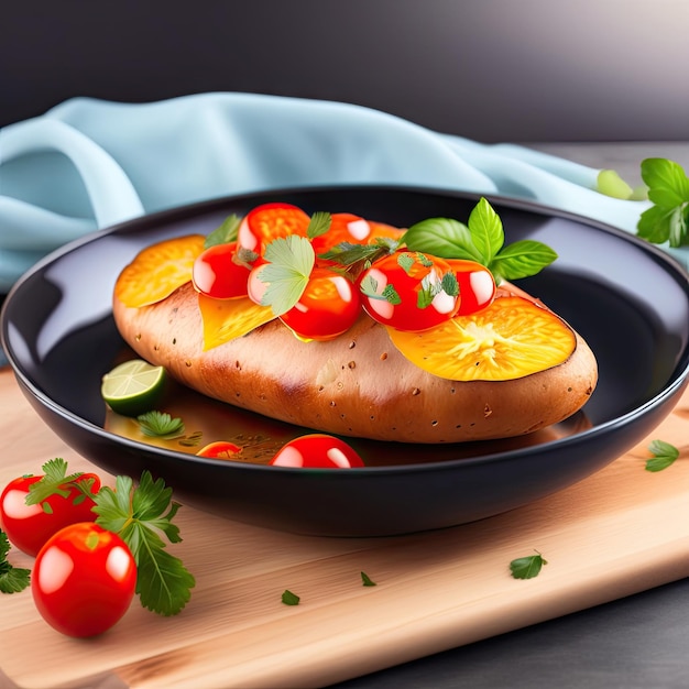 Delicious baked potatoes on glass plate closeup