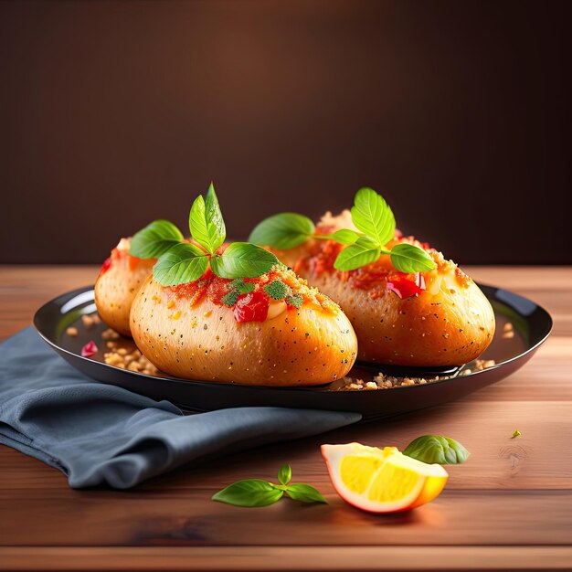 Delicious baked potatoes on glass plate closeup