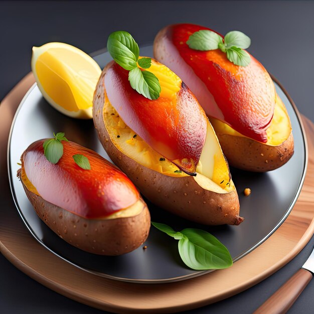 Delicious baked potatoes on glass plate closeup