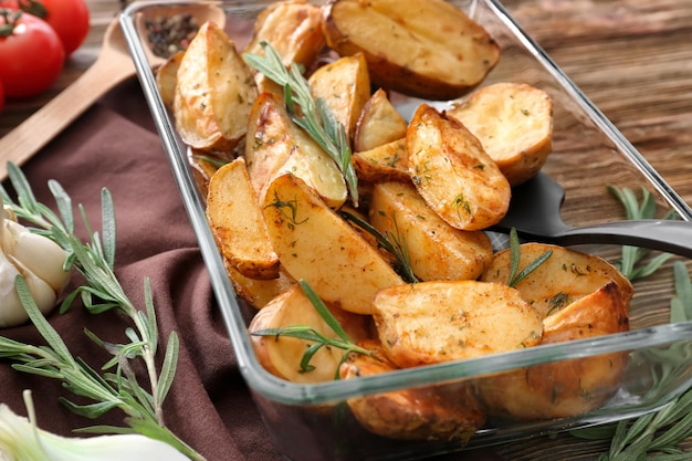 Delicious baked potatoes with rosemary in baking dish on table