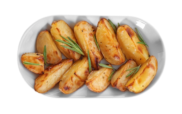 delicious baked potatoes with rosemary on plate isolated on white