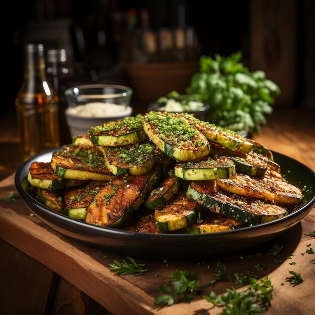 Delicious Baked zucchini fries served on wooden board on a table in the cafe