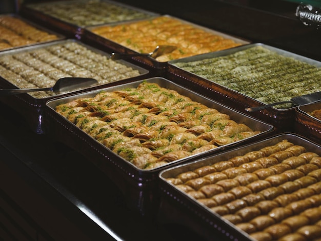 Delicious baklavas in a patisserie in Turkey