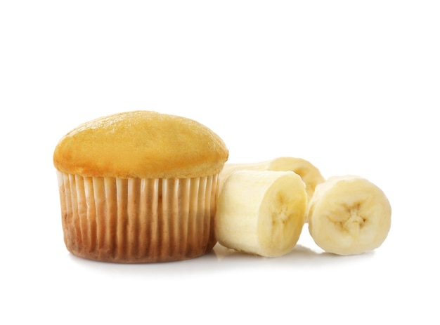 Delicious banana muffin isolated on white