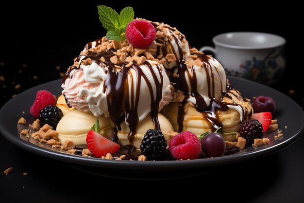 A delicious Banana split ice cream dessert with chocolate syrup Banana split ice cream dessert