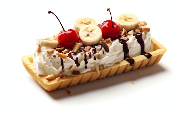 A delicious Banana split ice cream dessert with chocolate syrup Banana split ice cream dessert