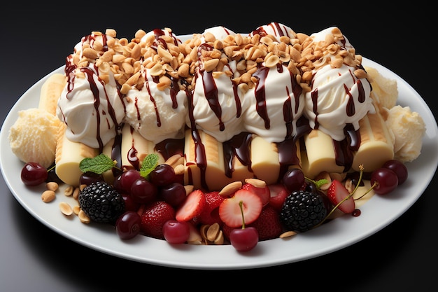 A delicious Banana split ice cream dessert with chocolate syrup Banana split ice cream dessert