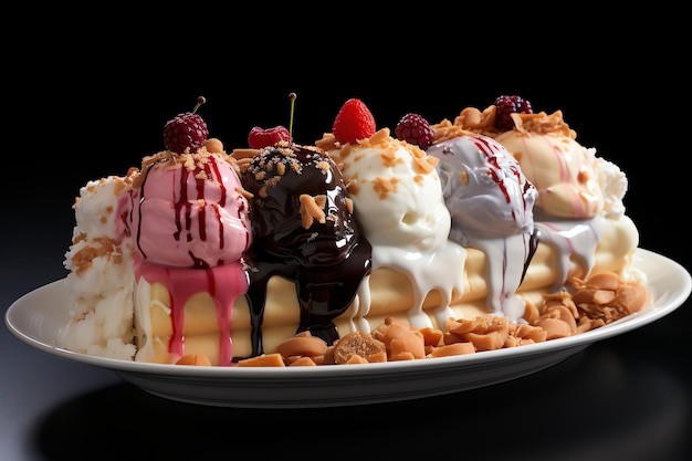 Вкусный банановый десерт из мороженого с шоколадным сиропом Банановый десерт из мороженого