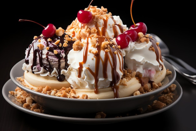 A delicious Banana split ice cream dessert with chocolate syrup Banana split ice cream dessert