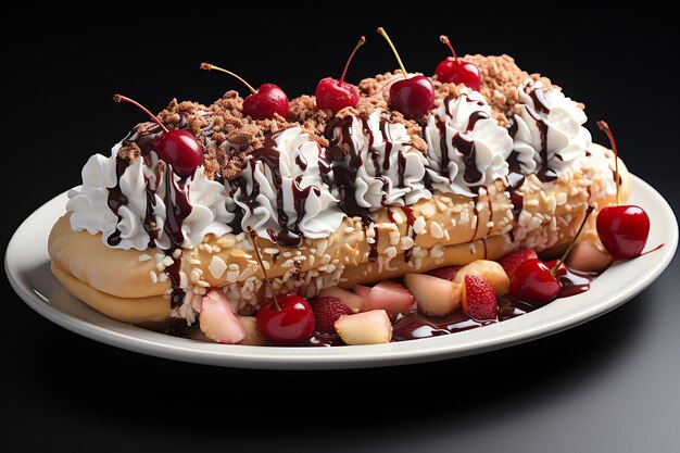 A delicious Banana split ice cream dessert with chocolate syrup Banana split ice cream dessert