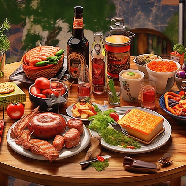 a delicious barbecue dinner with meat sausages sauces salad and drinks on table