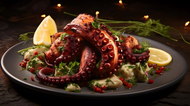 Delicious barbecue octopus background Generative AI