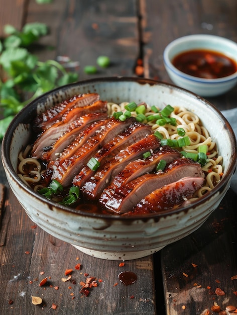 Delicious barbecued duck on noodles in bowl