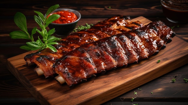 Delicious barbecued ribs seasoned with a spicy basting sauce and served with chopped fresh herbs on an old rustic wooden chopping board dark background