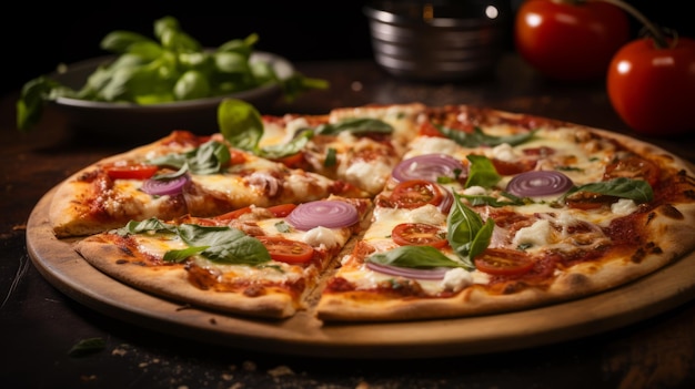 Delicious Basil And Green Onion Pizza On A Wooden Slab