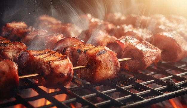 Delicious BBQ Grill Chicken Skewers Being Prepared and Grilled AI Generated