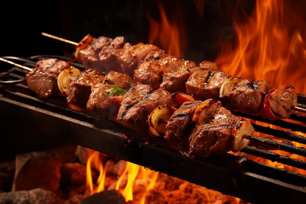 Delicious bbq kebab grilling on open grill