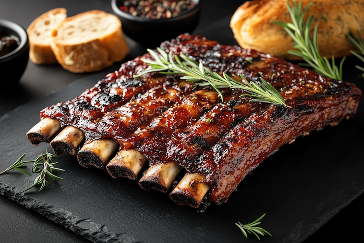 Photo delicious bbq ribs platter with glazed pork rosemary garnish and savory barbecue sauce a mouthwa