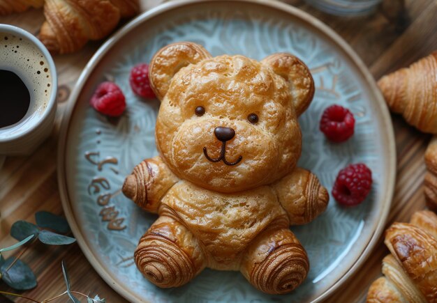 Delicious bearshaped croissant and fresh raspberries