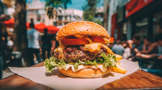 ストリートカフェの木製テーブルの上にあるおいしいビーフバーガーチーズと野菜ジェネレーティブAI