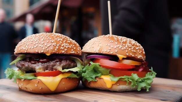 Delicious beef burger cheese and vegetables on a wooden table of a street cafe Generative AI