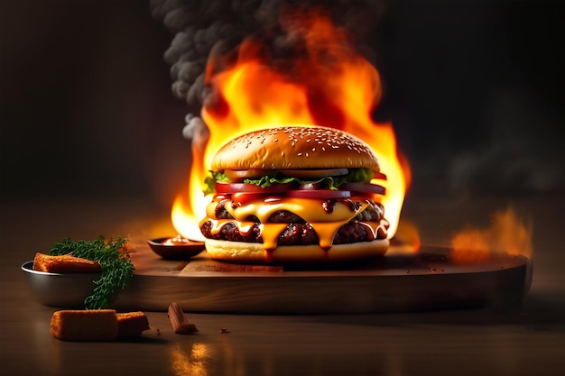 Delicious Beef Burger consists of Bun Bread Patty Pickle Onion Mayonaisse Ketchup Cheddar Cheese and lettuce in a yellow background with interactive 3D