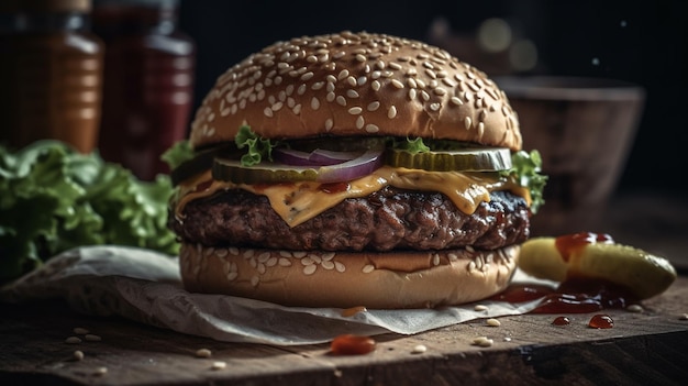 Delicious beef burger on a wooden board with black background