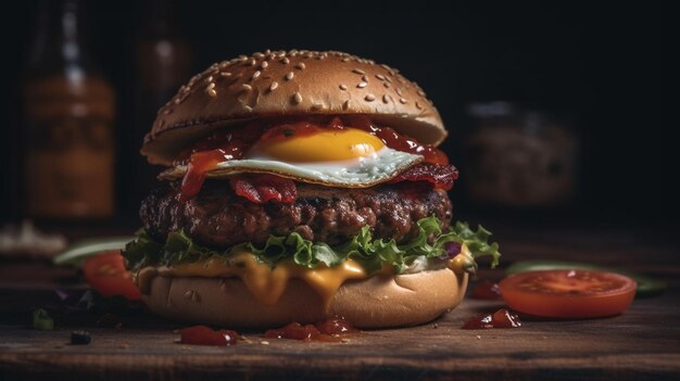 검은 바탕 의 나무판 에 맛있는 고기 햄버거