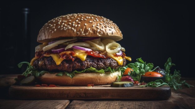 Delicious beef burger on a wooden board with black background