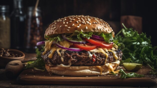 Delicious beef burger on a wooden board with black background