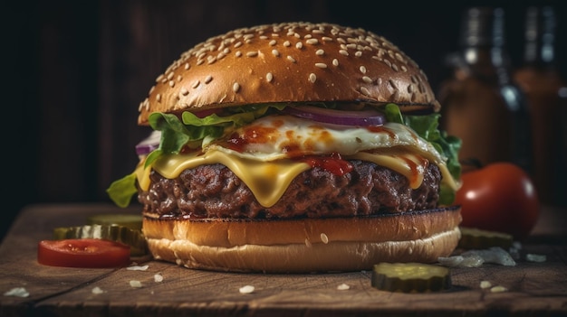 Delicious beef burger on a wooden board with black background