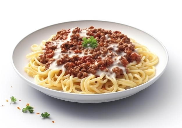 Delicious beef pasta spaghetti on the plate isolated on white background