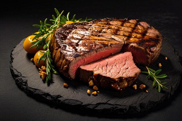 Delicious beef steak on a dark background with spices and herbs