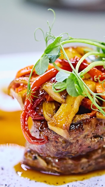 Delicious beef steak with vegetables Shallow dof