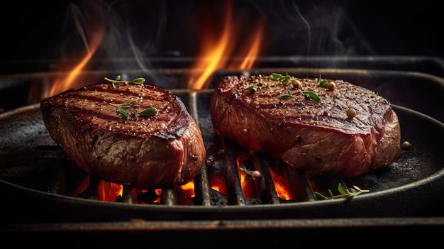 Delicious beef steaks cooking on the grill with flames