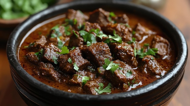 delicious beef stew simmering in rich sauce garnished with fresh herbs