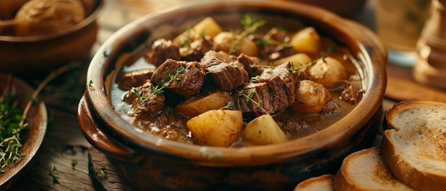 Delicious beef stew with potatoes and herbs served in a rustic setting with toasted bread