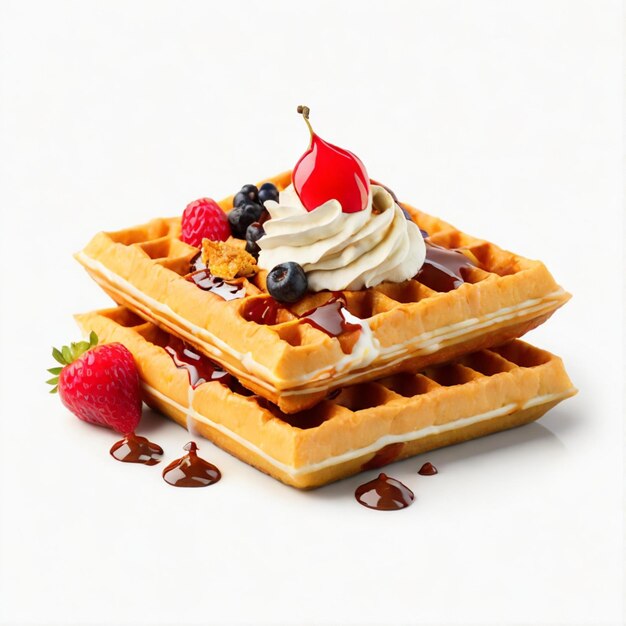 Foto delizioso waffle belga con bacche e sciroppo su sfondo bianco