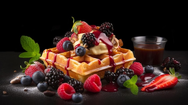Delicious Belgian waffles with berries fruits whipped cream and various sweet fillingsGenerative AI