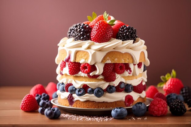 Delicious berry cream cake against brown background