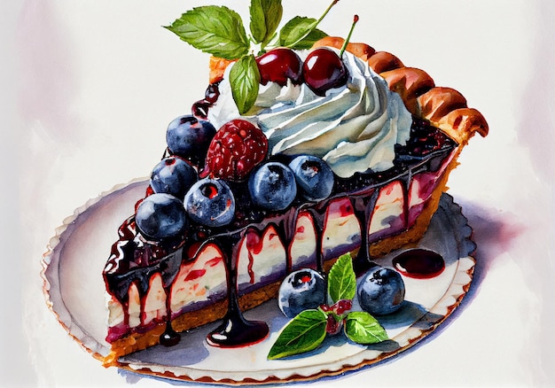 Delicious berry dessert pie watercolor