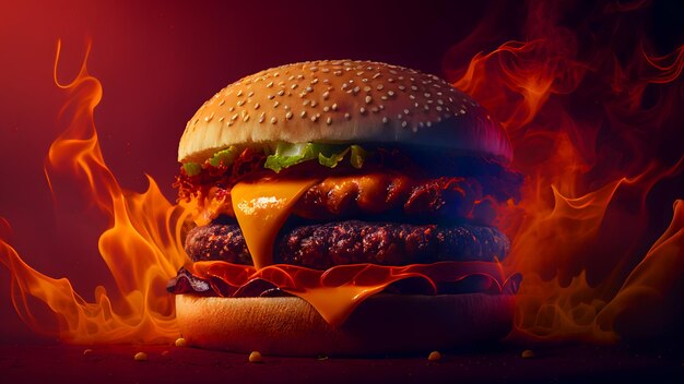 Photo delicious big meat burger with flame, red background,