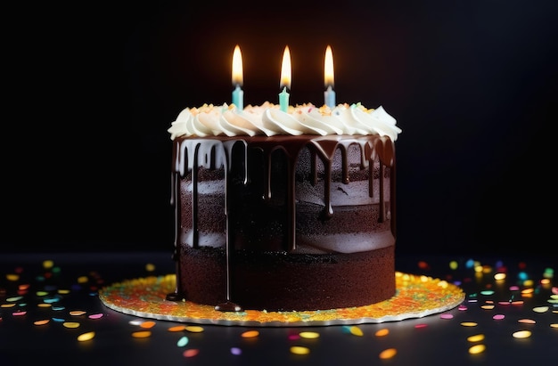 вкусный торт на тарелке с зажженными свечами, сливочным кремом и конфетами на черном фоне