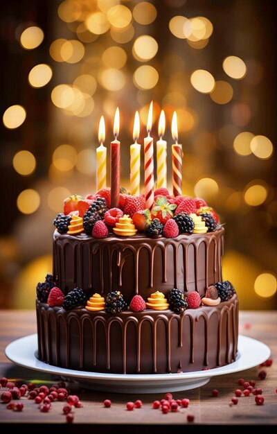 Photo delicious birthday cake with candle and bokeh background