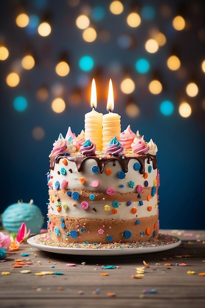 Delicious birthday cake with candles by happy birthday celebration