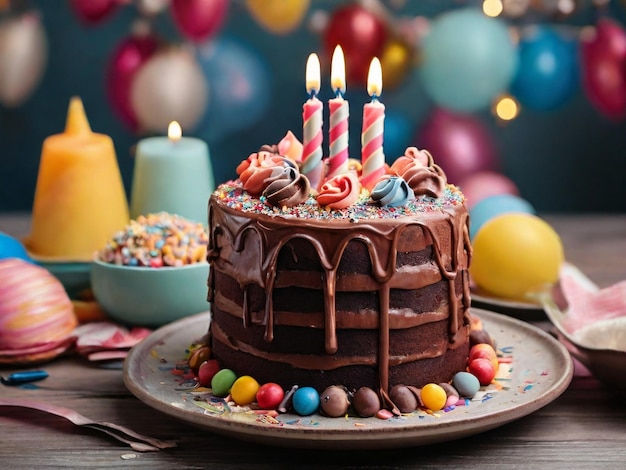 맛있는 생일 케이크와 초콜릿 아이싱과 크림