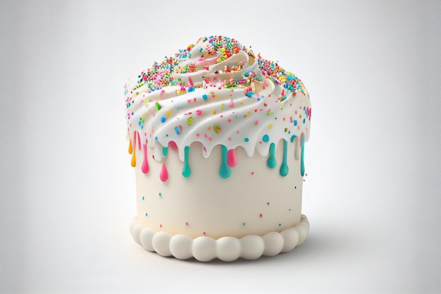 흰색 배경 Ai 생성 예술 작품에 갓 뿌린 토핑을 곁들인 맛있는 생일 케이크